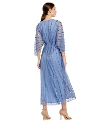 Mac Duggal Women's Beaded Striping Kimono Sleeve V Neck Dress