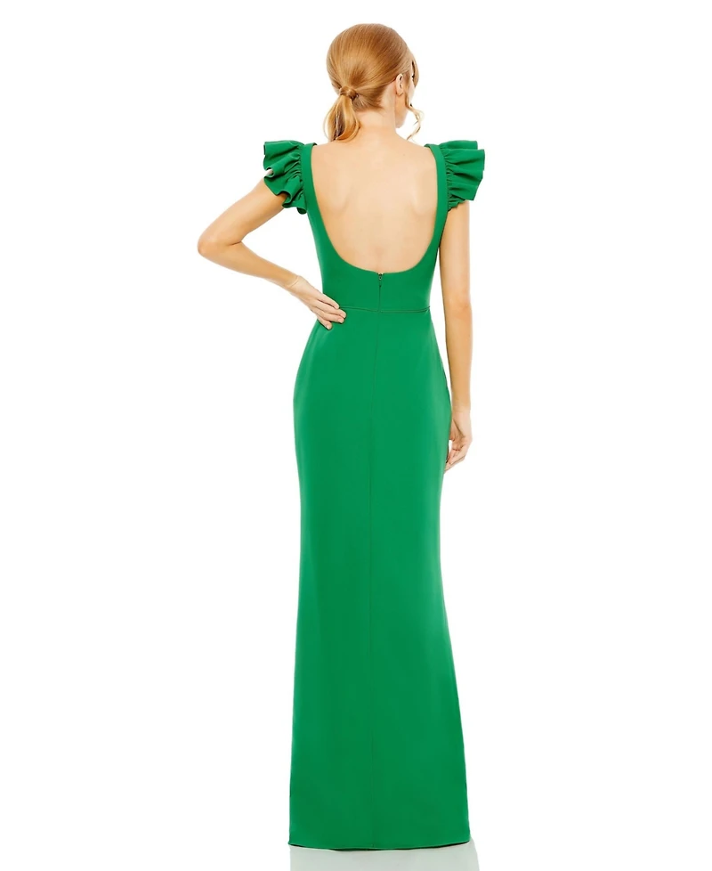 Women's Ruffle Cap Sleeve Open Back Column Gown