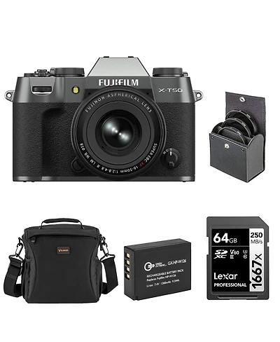 Fujifilm X-T50 Mirrorless Camera with Xf 16-50mm f/2.8-4.8 R Lm Wr Lens, Charcoal Silver, Bundle with Li-Ion Battery, 64GB Sdxc Memory Card and 58mm F