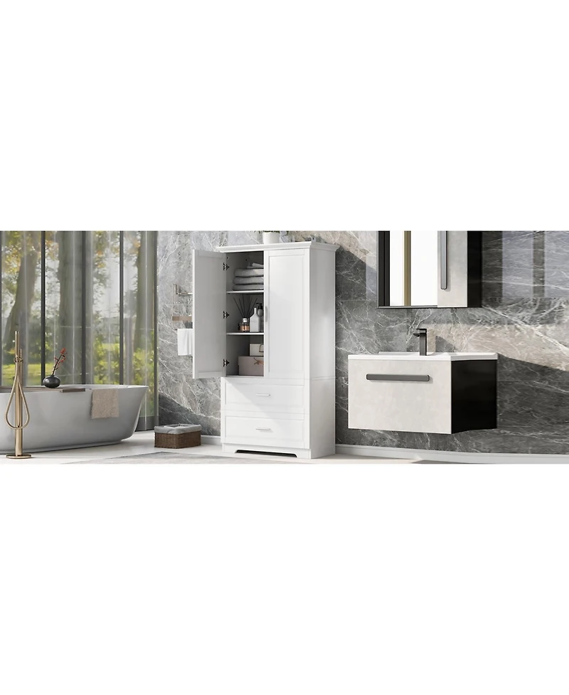 Tall Bathroom Storage Cabinet, Cabinet with Two Doors and Drawers, Adjustable Shelf, Mdf Board, White