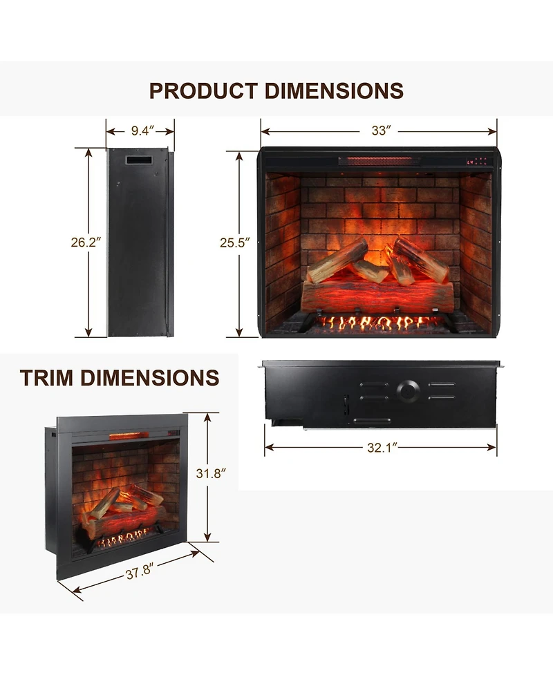 Streamdale 33" Electric Fireplace Insert with Trim Kit, Touch Panel, Sound