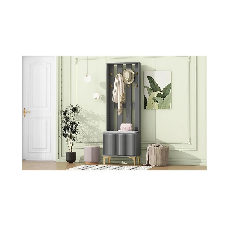 Streamdale Modern Hall Tree with Cushion, 8 Gold Hooks, Bench, Adjustable Shelves, 23.6"70.8