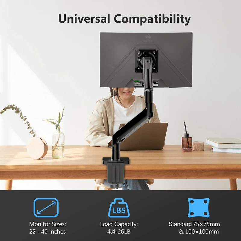 Z-edge MS05 Single Mount Stand Arm, Supports 22"- 40" monitors and 26 lbs, 360° Adjustable, standards 75x75mm/100x100mm, Clamp & Gromme
