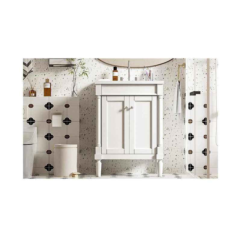 Streamdale Modern 24" Single Sink Bathroom Vanity Cabinet with Top Sink & Storage Shelves