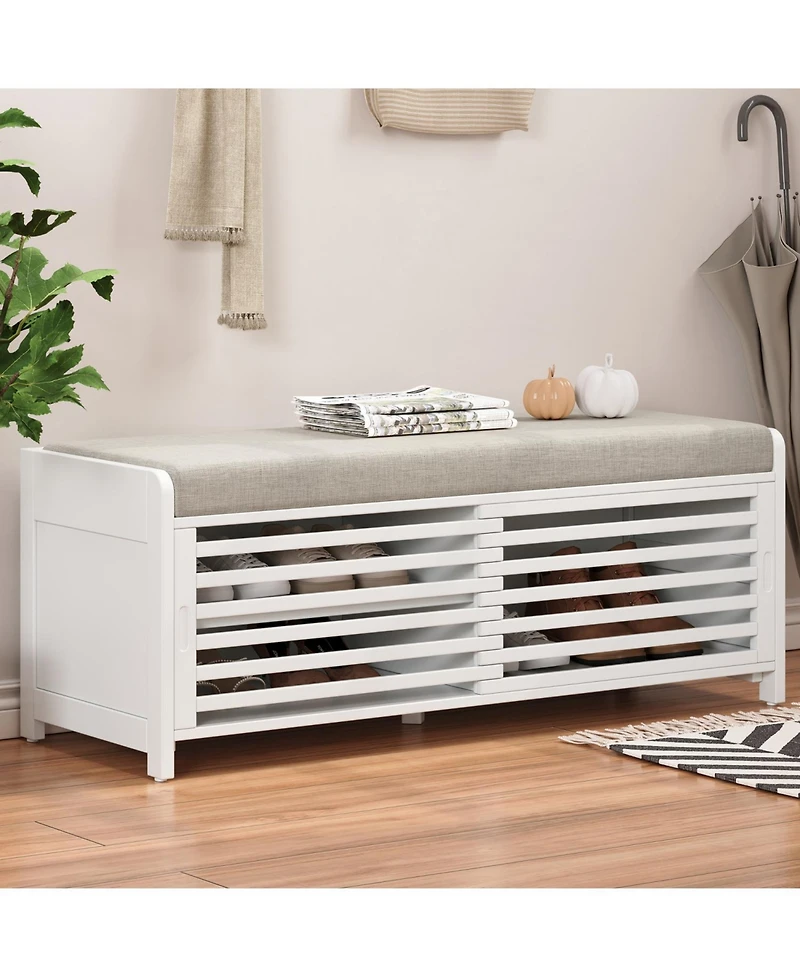Streamdale Distressed Shutter Storage Bench with Acacia Veneer for Retro Charm for Living Room, Entryway (White)