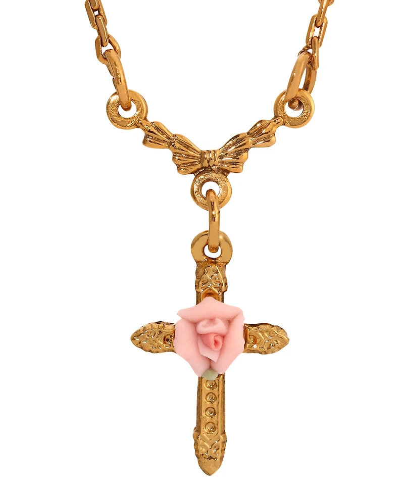 2028 Pink Porcelain Rose Cross Necklace