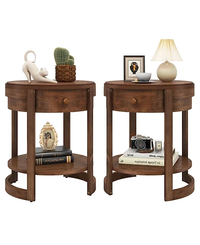 Gymax 2PCS Nightstand w/ Shelf & Wood Grains Drawer Round End Table for Living Room