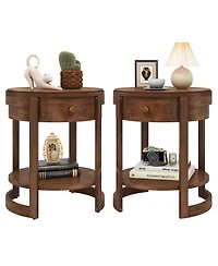 Gymax 2PCS Nightstand w/ Shelf & Wood Grains Drawer Round End Table for Living Room
