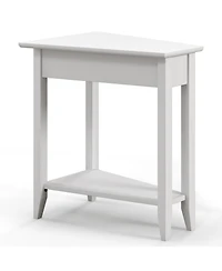2-Tier Wedge Narrow End Table with Storage Shelf and Solid Wood Legs