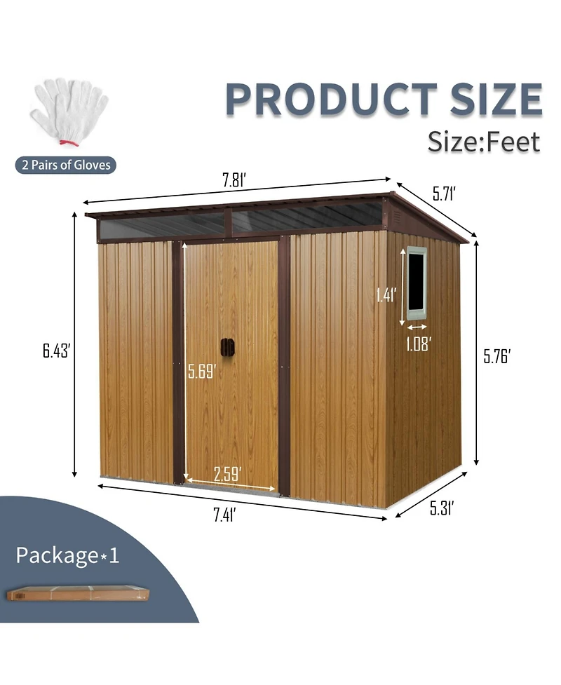 Streamdale 8 ft x 6 ft Outdoor Metal Storage Shed with Window and Transparent plate for Garden, Lawn (Coffee)