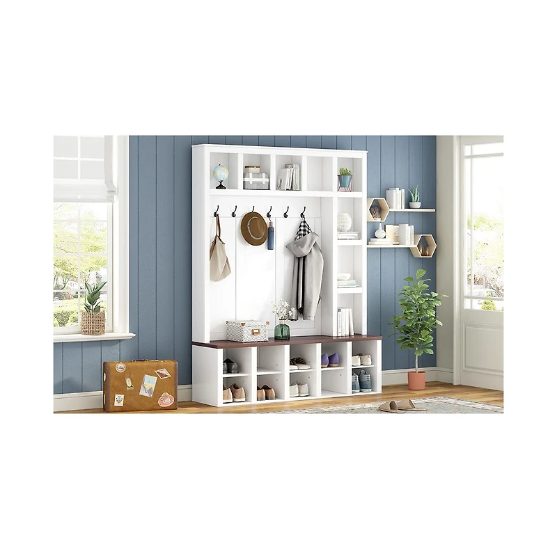 Streamdale Farmhouse Hall Tree with 6 Hooks, Adjustable Shelves, Shoe Cabinet, Mudroom Storage, 76.7