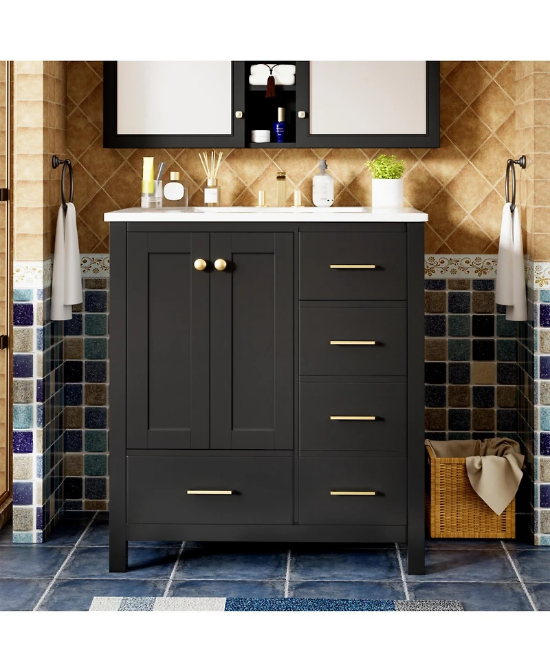 Streamdale 30" Wood Vanity Cabinet Set with Ceramic Sink, Drawers, and Soft-Close Doors