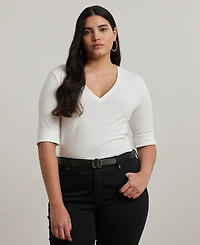 Lauren Ralph Plus Stretch Cotton Elbow-Sleeve V-Neck Tee