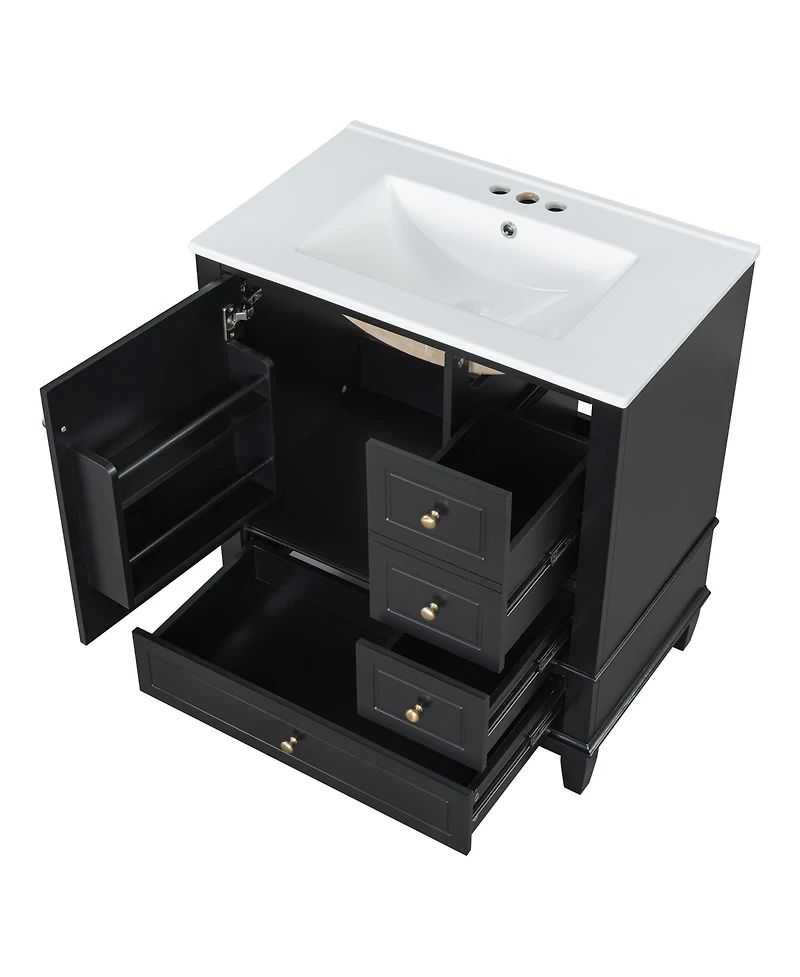 Streamdale 30" Bathroom Vanity with Sink, One Door with Shelf and Three Drawers, Soft Close Door, Black