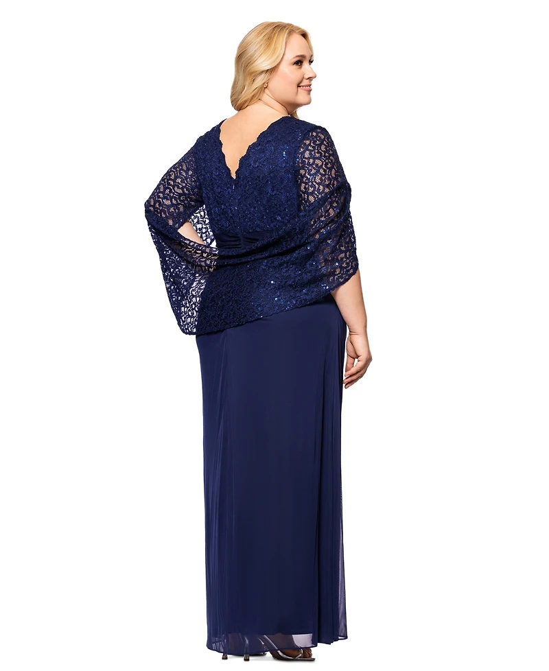 Betsy & Adam Plus Size Lace-Cape-Sleeve Embellished Gown
