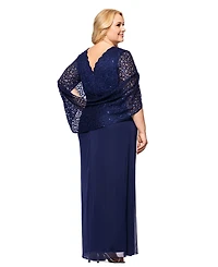 Betsy & Adam Plus Size Lace-Cape-Sleeve Embellished Gown
