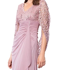 Betsy & Adam Petite Draped Lace Back Gown