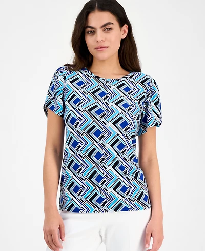 Ak Anne Klein Petite Geo-Print Tulip-Sleeve Top