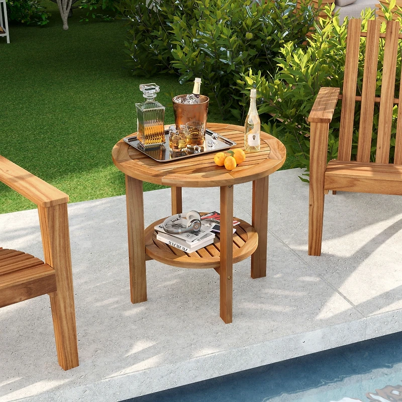 Patio Teak Wood End Table with Round Top and Lower Storage Shelf