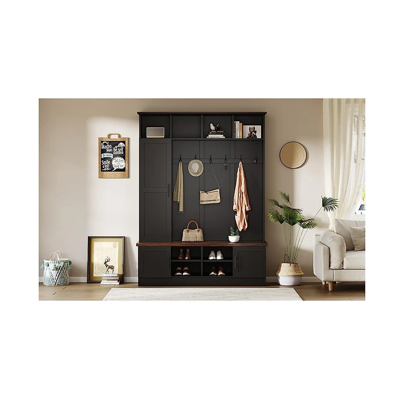 3-in-1 Hall Tree Bench with Storage, 6 Hooks, Adjustable Shelves, 55"W