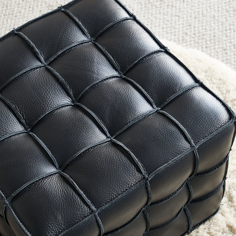 Streamdale 17.32"W Genuine Leather Tufted Ottoman,Footstool for Living Room & Bedroom,Black Color