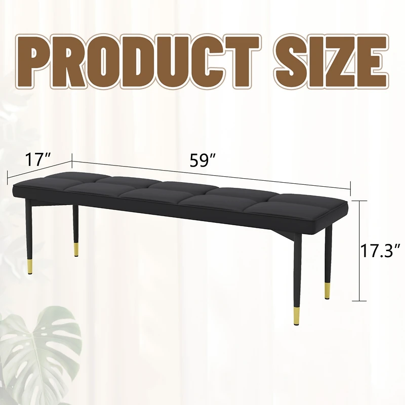 Streamdale 59" Black Shoe Bench with Gold Accents Faux Leather Cushion, Metal Legs