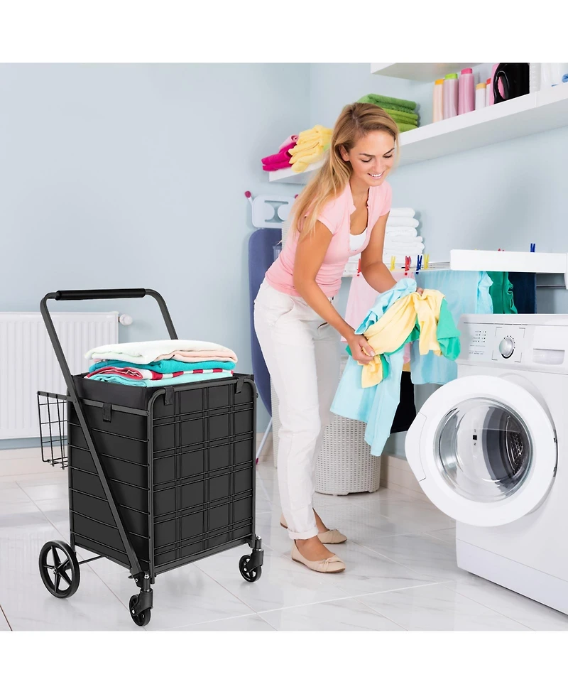 Folding Shopping Cart with Wheels, Basket & Waterproof Liner Portable & Heavy-Duty Grocery Trolley