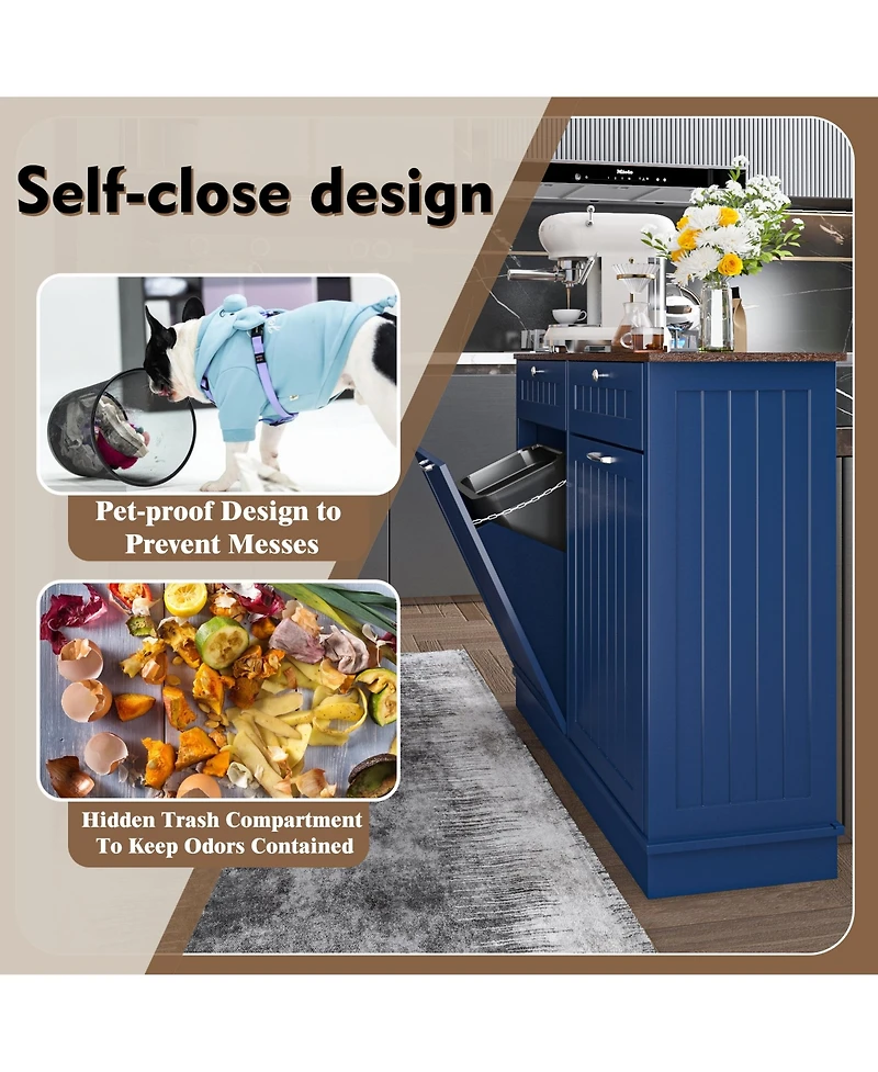 Two-Compartment Tilt-Out Trash Cabinet, Pet Proof Kitchen Cabinet with Can, Free Standing Laundry Sorter Hamper