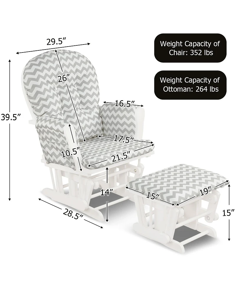Wood Glider and Ottoman Set with Padded Armrests and Detachable Cushion