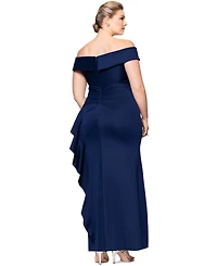Xscape Plus Size Off-The-Shoulder Ruffle-Trim Scuba Gown