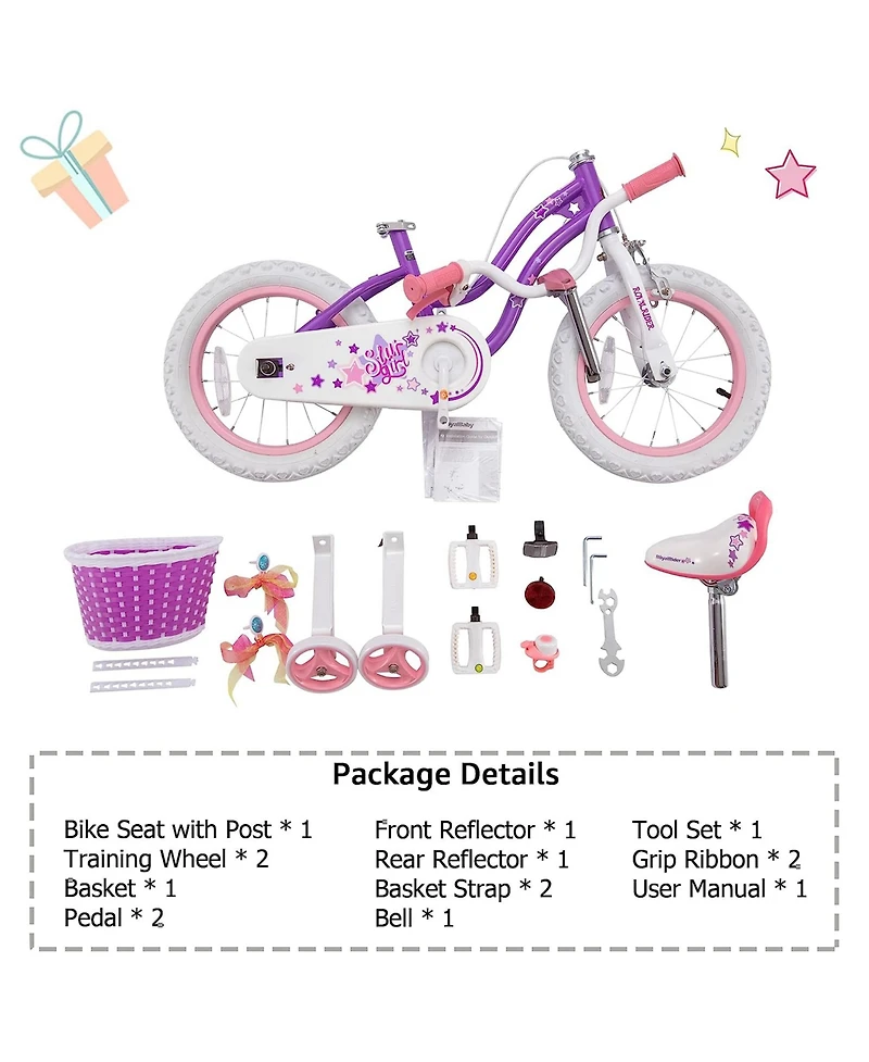 RoyalBaby Stargirl 16" Kid Bicycle with Kickstand & Training Wheels, Purple