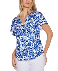 Belldini Women's Floral Printed Eyelet Short Sleeve Knit Top