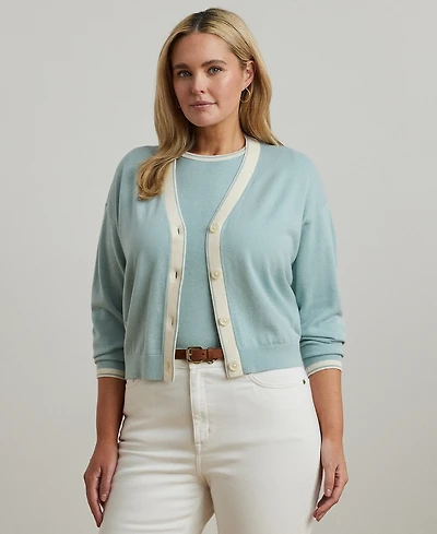 Lauren Ralph Plus Two-Tone Cotton-Blend Cardigan