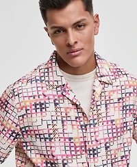 Mode of One Men's Squared Up Relaxed-Fit Geo-Print Button-Down Shiny Twill Camp Shirt, Exclusively at Macy's
