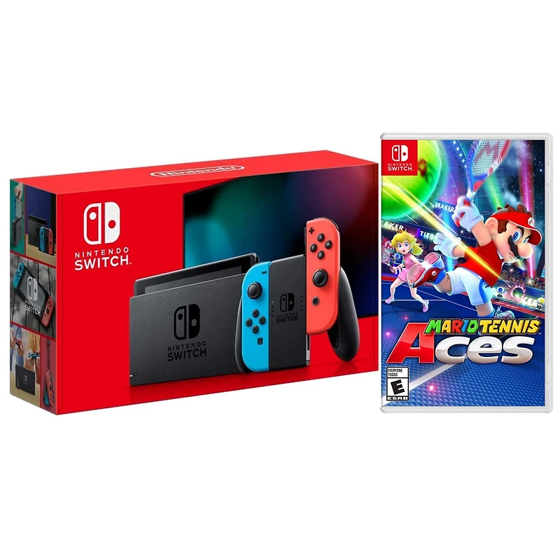Nintendo Switch Console with Neon Joy-Con with Super Mario Tennis Aces Bundle