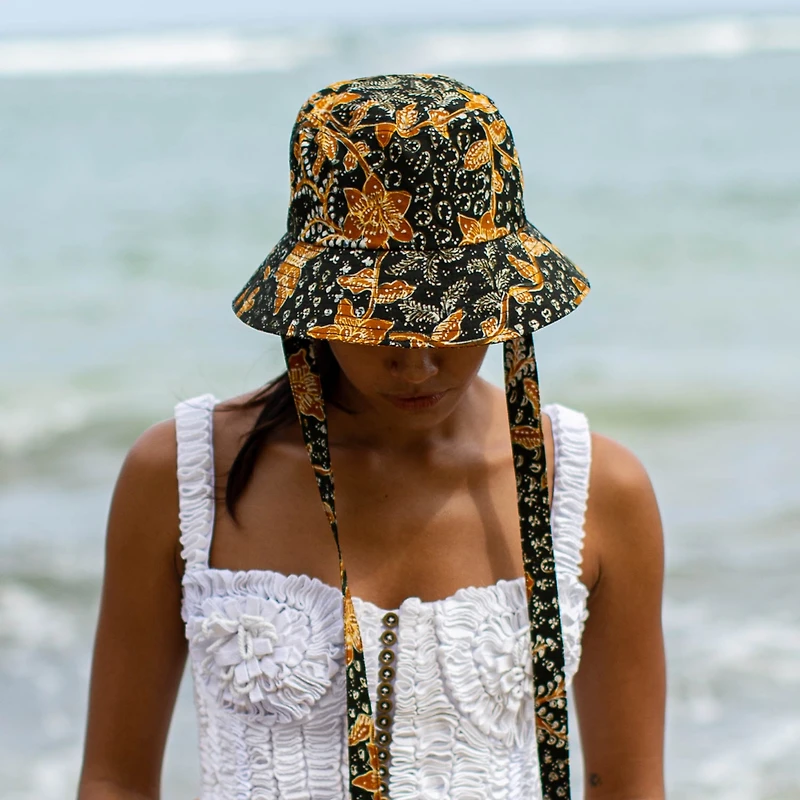 Brunna.co Jasmine Chinoiserie Batik Hat In Brown and Black