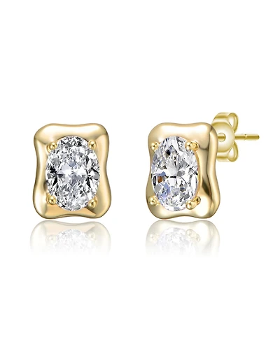 Sterling Silver 14K Gold Plated with Clear Cubic Zirconia Wavey Square Stud Earrings