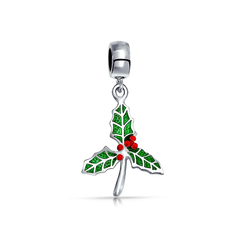 Bling Jewelry Christmas Charm Bead Green Mistletoe Holly Dangle Sterling Silver for Bracelets