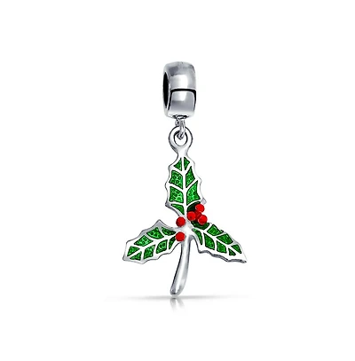 Bling Jewelry Christmas Charm Bead Green Mistletoe Holly Dangle Sterling Silver for Bracelets