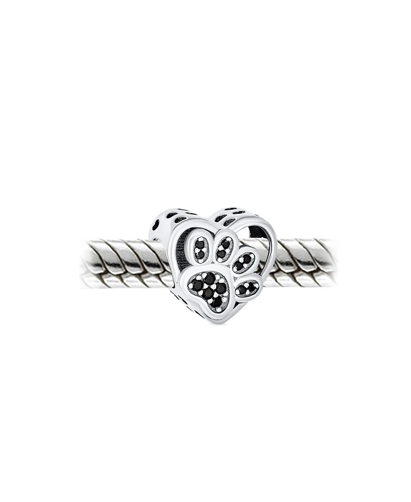 Bling Jewelry Black Cz Heart Paw Print Charm Bead Pet Lovers - Fits European Bracelet