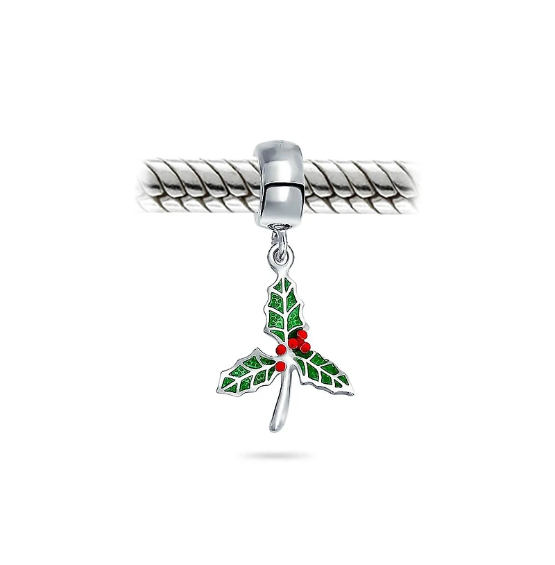 Bling Jewelry Christmas Charm Bead Green Mistletoe Holly Dangle Sterling Silver for Bracelets