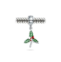 Bling Jewelry Christmas Charm Bead Green Mistletoe Holly Dangle Sterling Silver for Bracelets