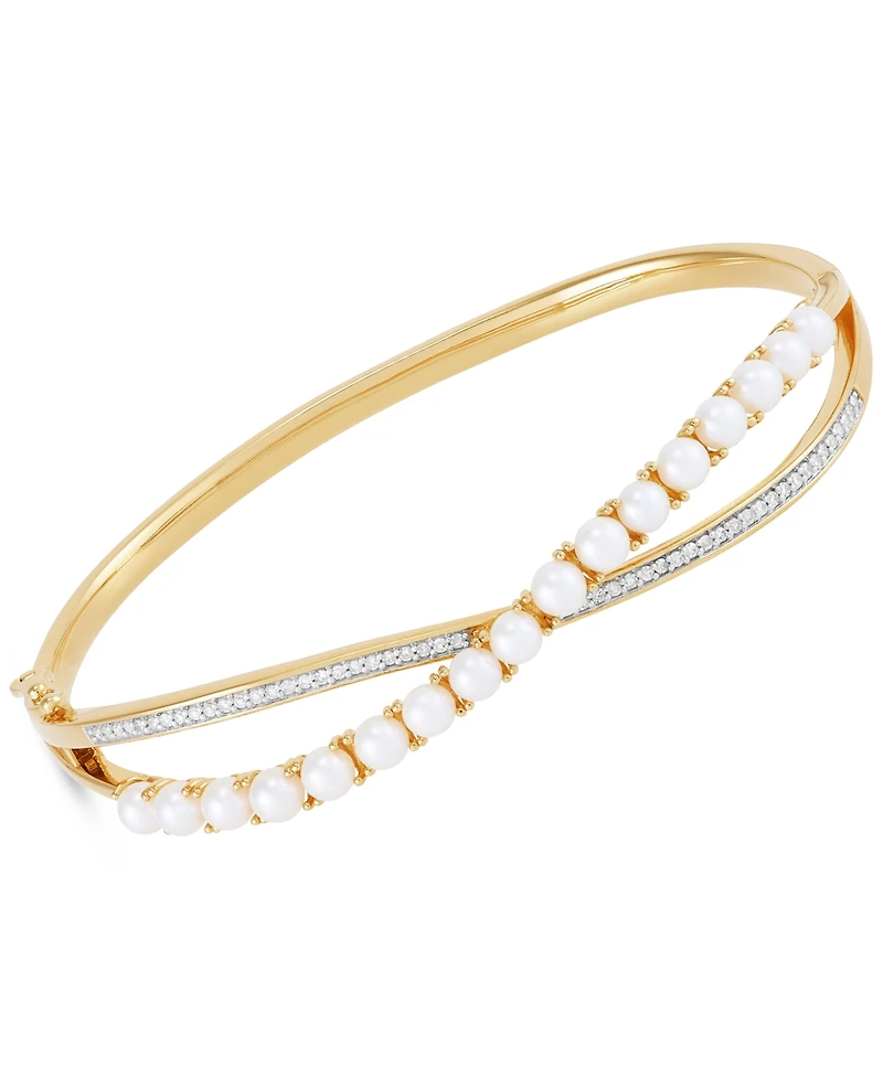 Honora Cultured White Ming Pearl (3-1/2-4mm) & Diamond (1/4 ct. t.w.) Bangle Bracelet in 14k Gold-Plated Sterling Silver