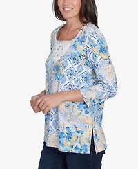 Ruby Rd. Petite Watercolor Floral Patchwork Square Neck Top