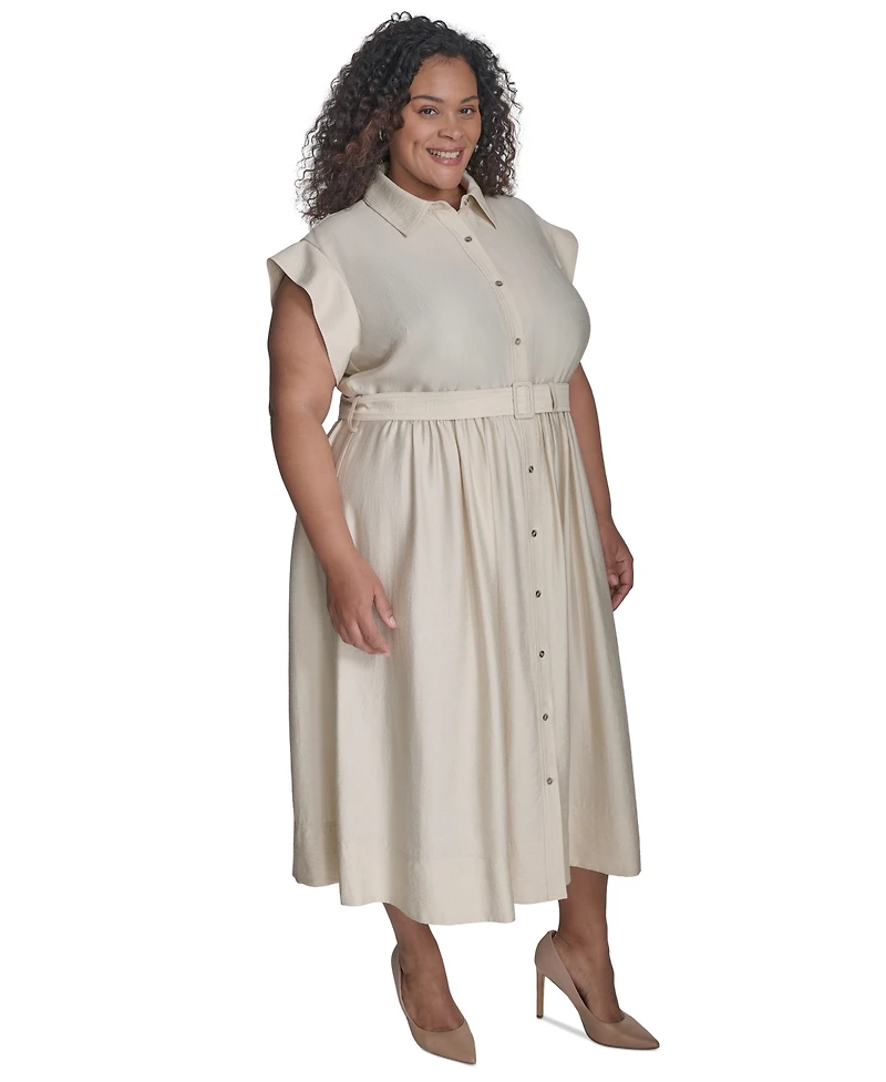 Dkny Plus Size Cap-Sleeve Belted Midi Shirtdress