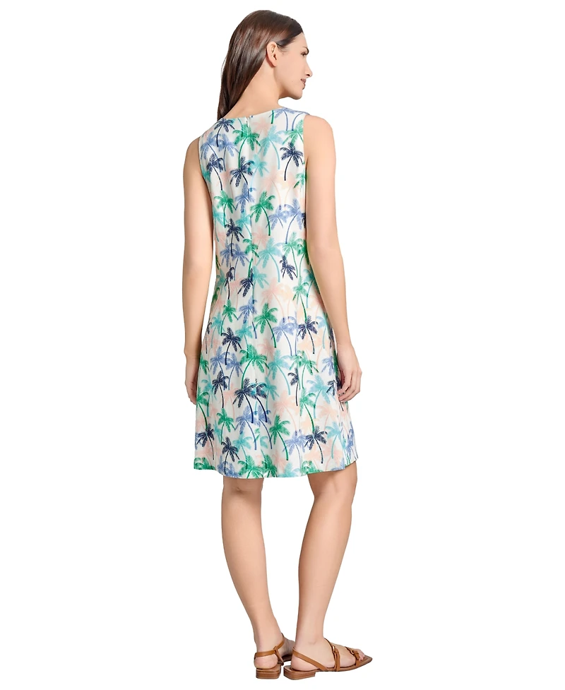 Jones New York Women's Palm-Print Linen-Blend Trapeze Knee Length Dress