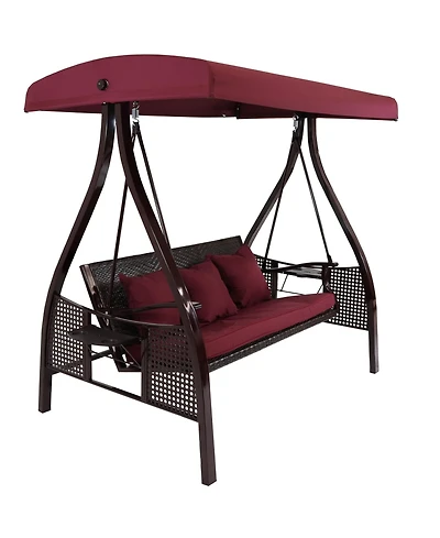 3-Person Outdoor Patio Swing with Adjustable Canopy Shade, Foldable Side Tables, Cushions and Pillow, Merlot
