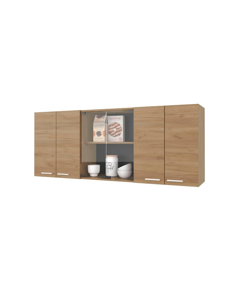 Fm Furniture Lydia Wall Cabinet kitchen in Melamine wit 4 Doors and Glass Storage, Natural Oak