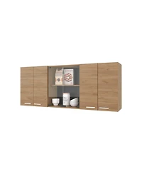 Fm Furniture Lydia Wall Cabinet kitchen in Melamine wit 4 Doors and Glass Storage, Natural Oak