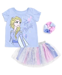 Frozen Toddler Girls Disney Princess Moana T-Shirt Tulle Skirt and Scrunchie 3 Piece Outfit Set